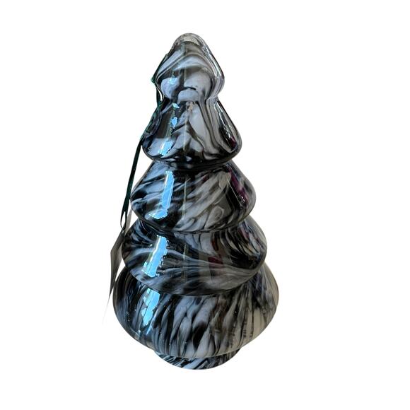 Art Glass CHRISTMAS TREE 10in Black White Marble Handmade in Poland NEW - Picture 9 of 10